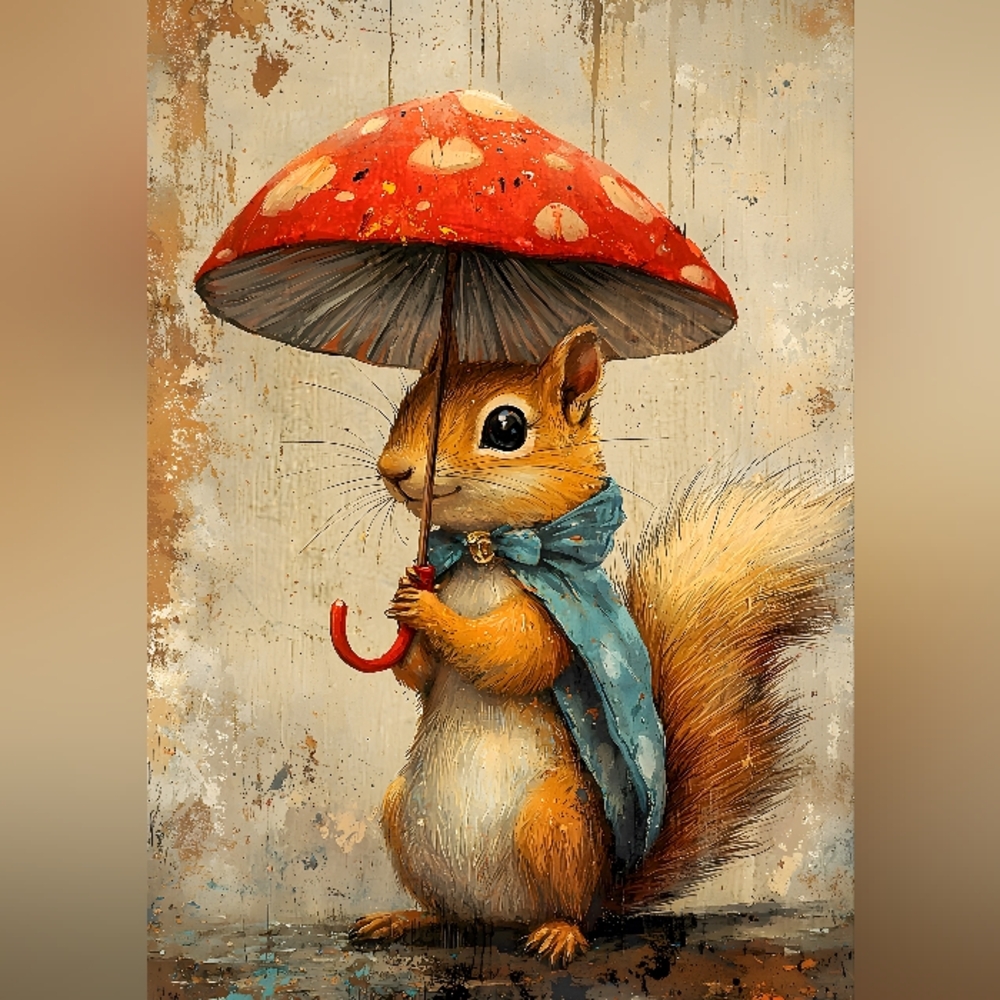 Charming Squirrel Art Print with Red Umbrella